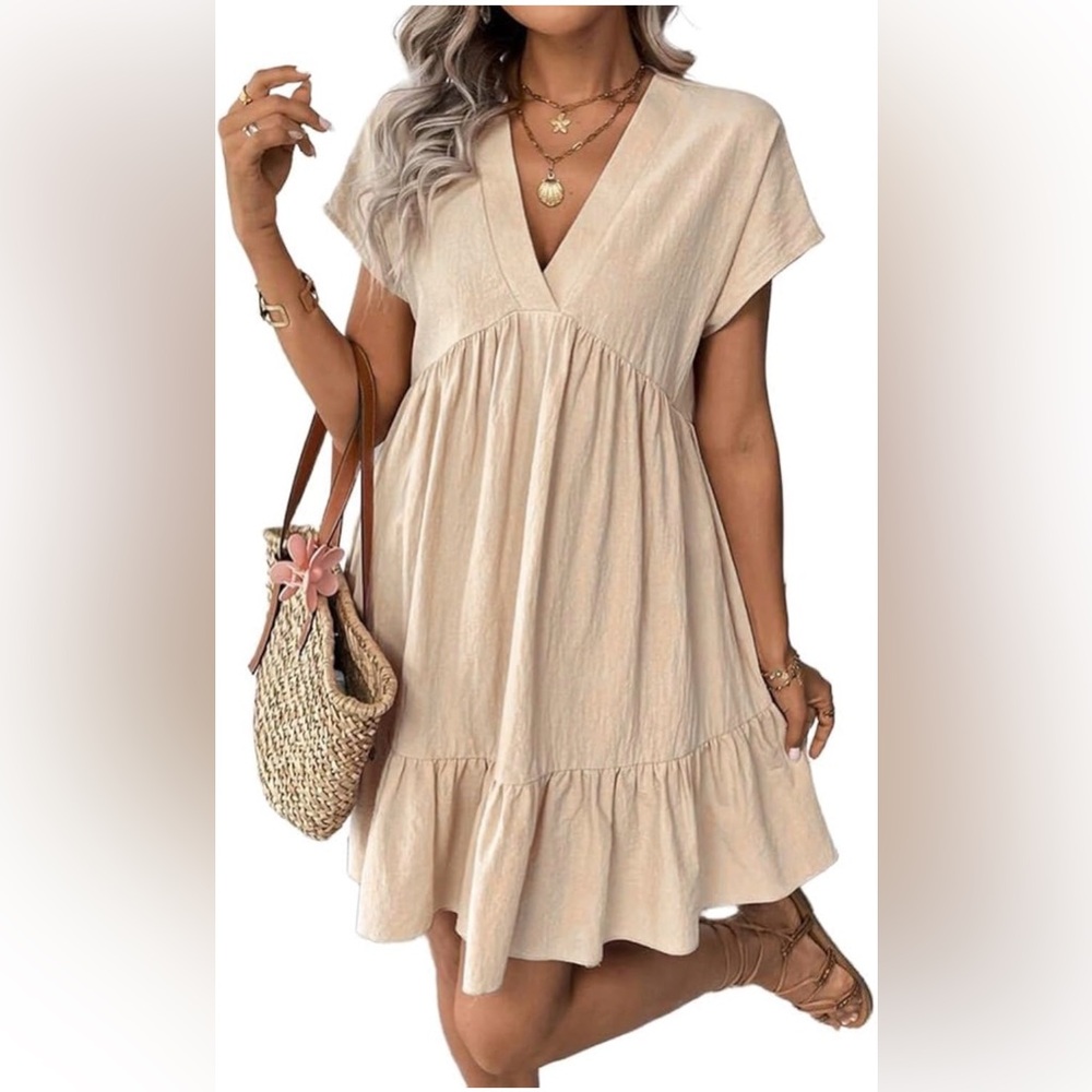 Oversized V-Neck Cotton Blend Cream Dress – Size Small